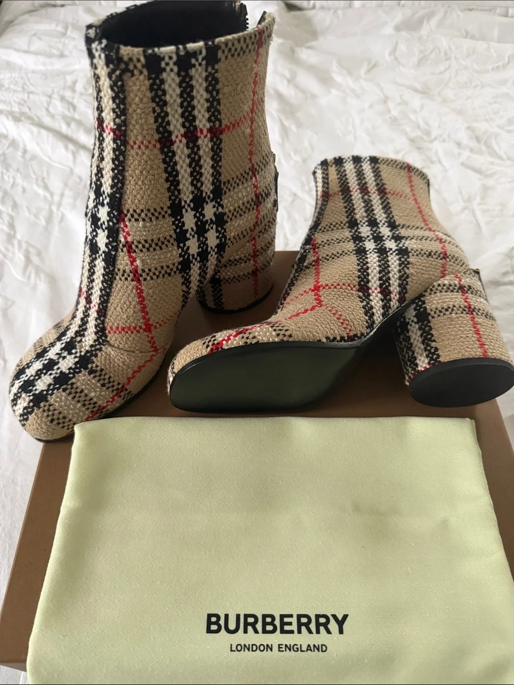 Burberry Beige Black and Red Check Knit Ankle Boots